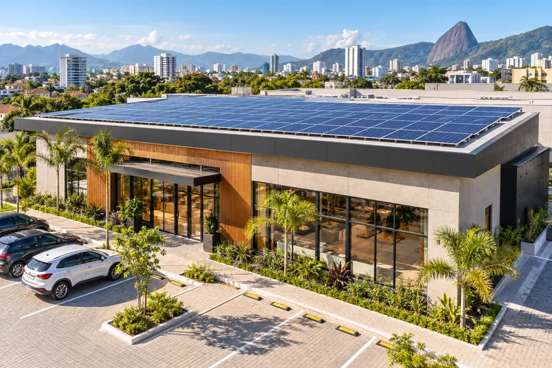 Empresa moderna com painéis solares instalados na cobertura comercial
