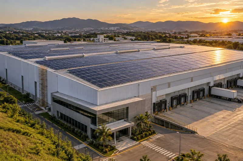 Complexo industrial com ampla instalação de painéis solares na cobertura