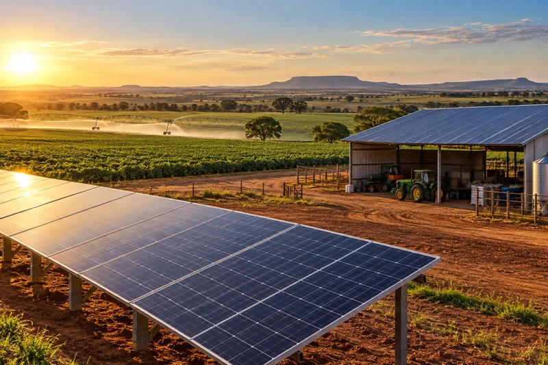 Propriedade rural com painéis solares, lavoura e irrigação no campo